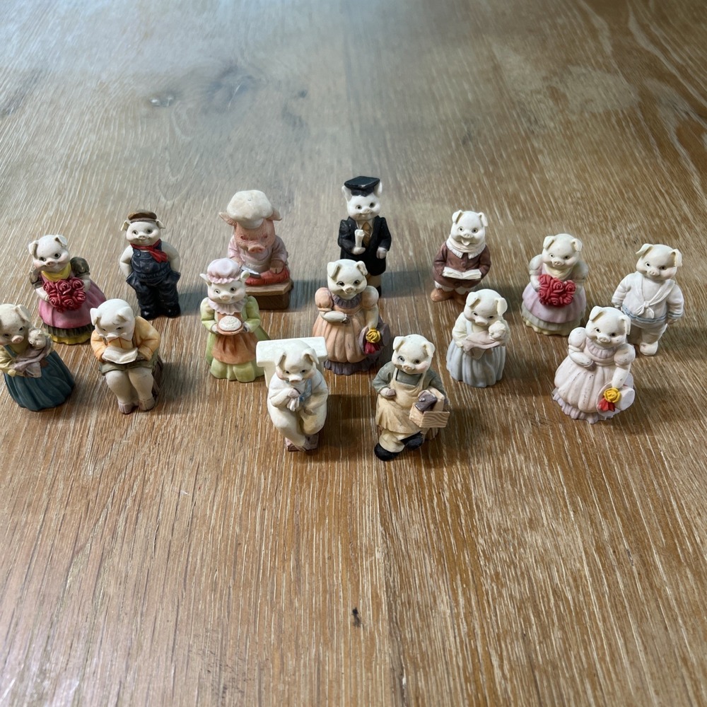 JC Miniature Anthropomorphic Pig Figurines Farm Multicolor 1990's‎ Lot of 15 VTG